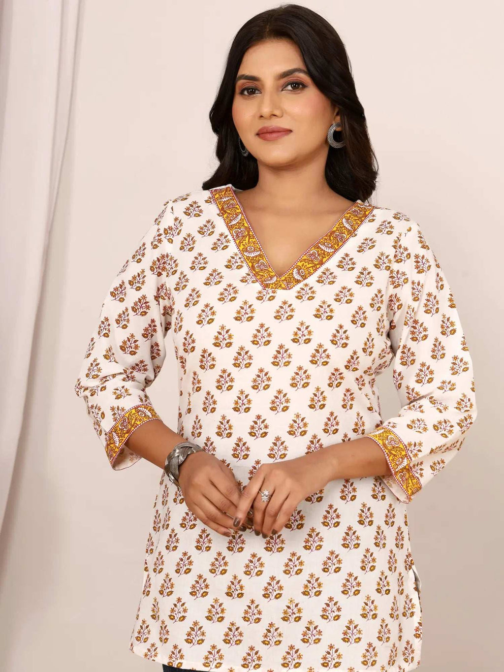 Sanganeri Mustard Floral Booti Print Cotton Top