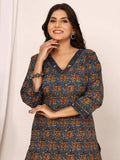 Sanganeri Navy Blue Kalamkari Print Cotton Top