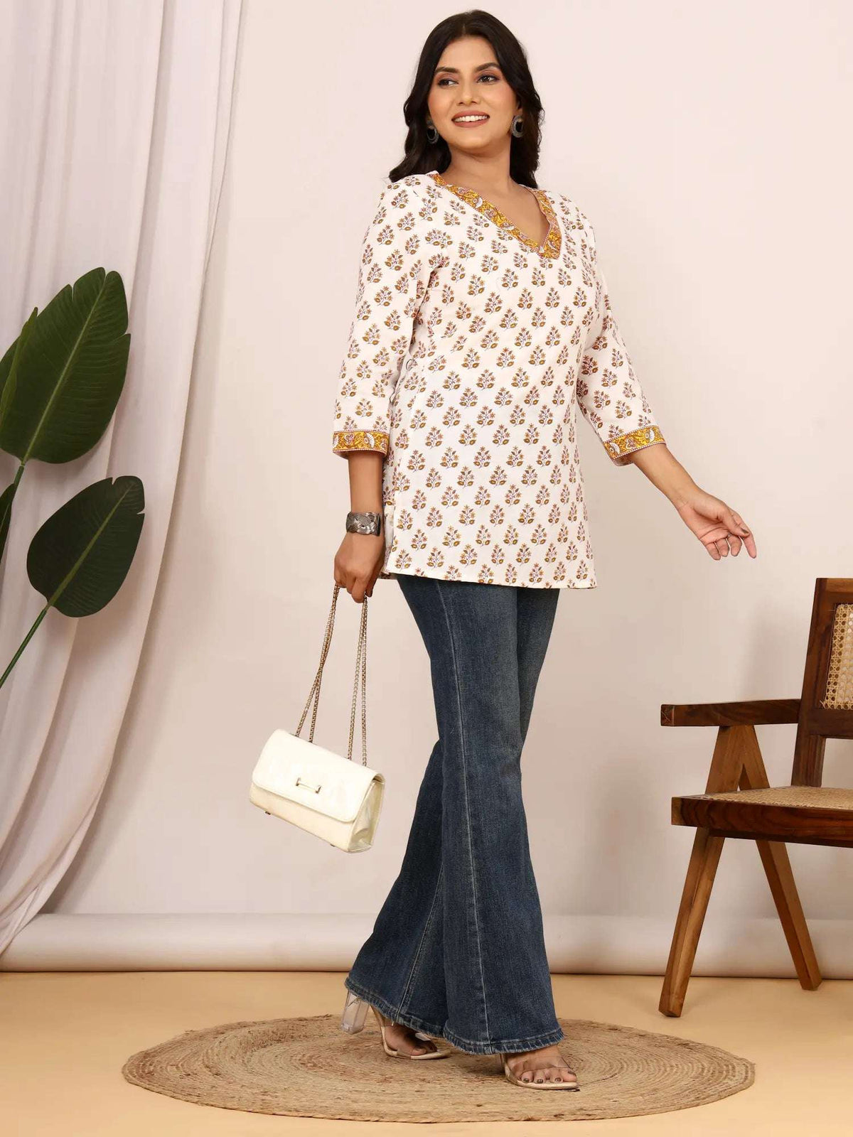Sanganeri Mustard Floral Booti Print Cotton Top