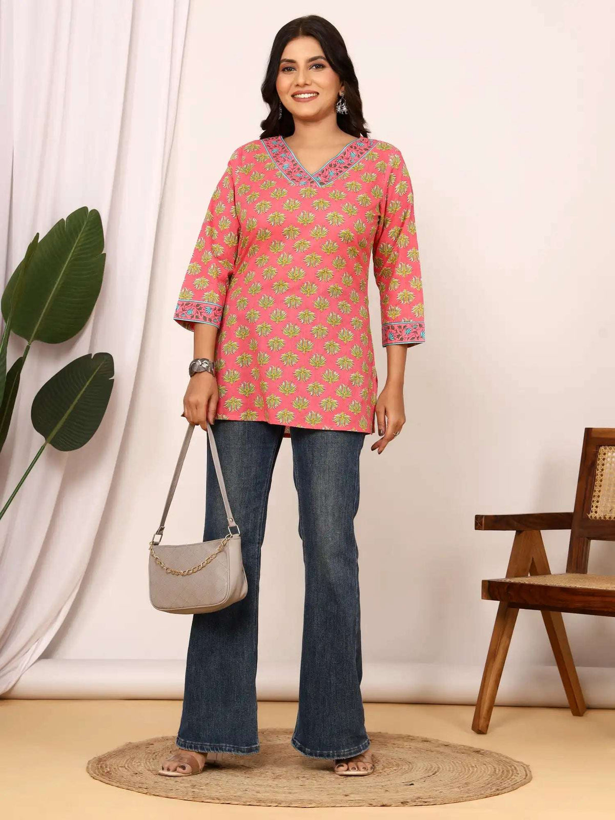 Sanganeri Pink & Yellow Flower Buti Cotton Top