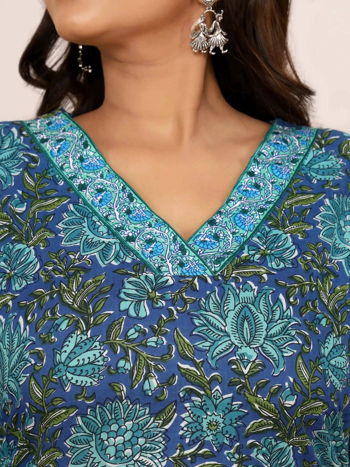 Sanganeri Teal & Green Floral Cotton Top