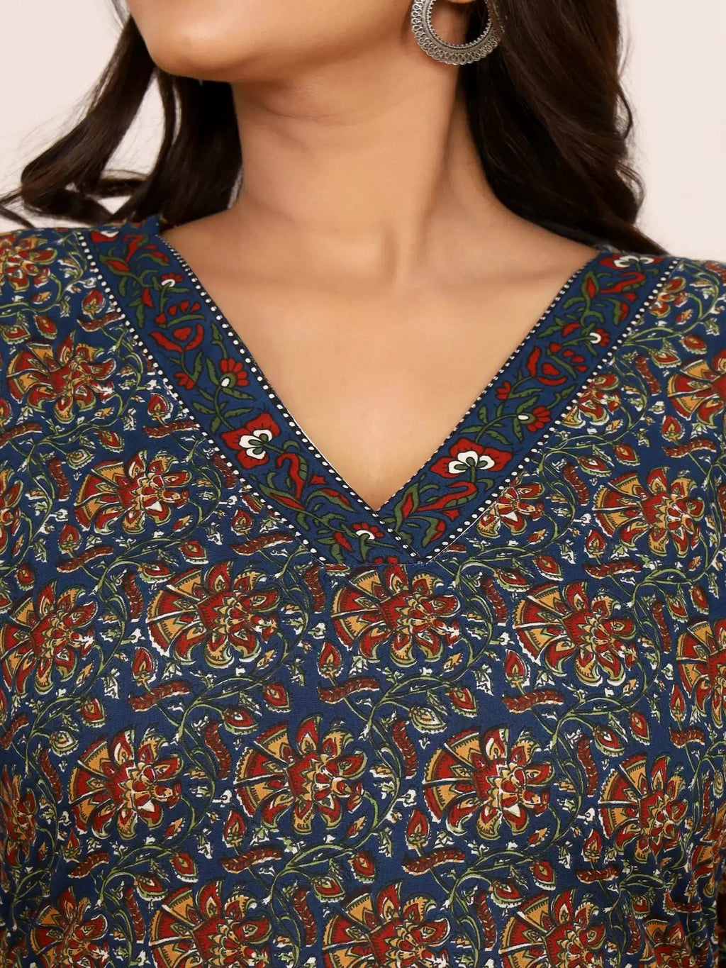 Sanganeri Navy Blue Kalamkari Print Cotton Top