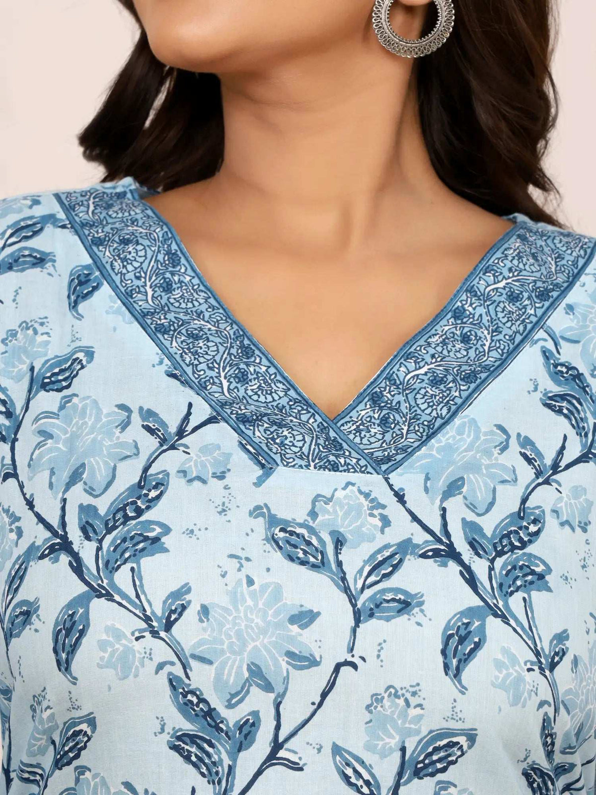 Sanganeri Sky Blue Floral Print Cotton Top