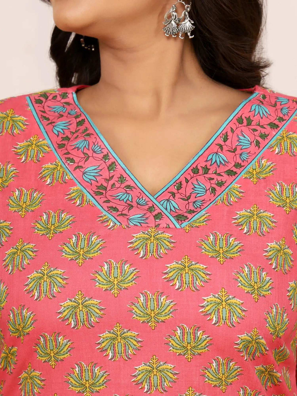 Sanganeri Pink & Yellow Flower Buti Cotton Top