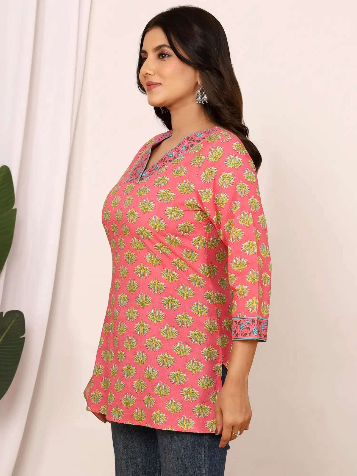 Sanganeri Pink & Yellow Flower Buti Cotton Top