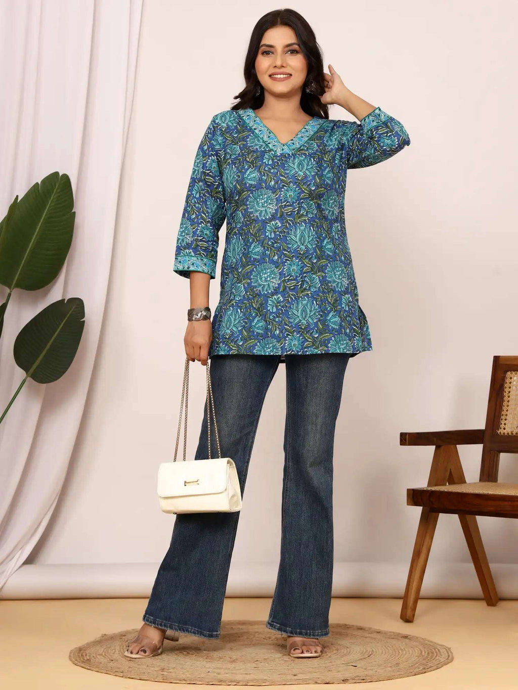 Sanganeri Teal & Green Floral Cotton Top