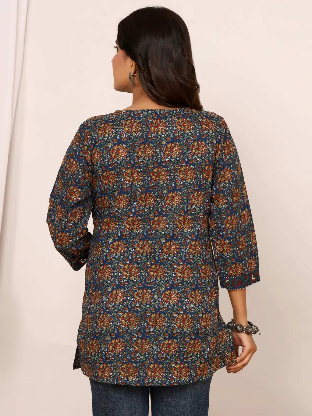 Sanganeri Navy Blue Kalamkari Print Cotton Top