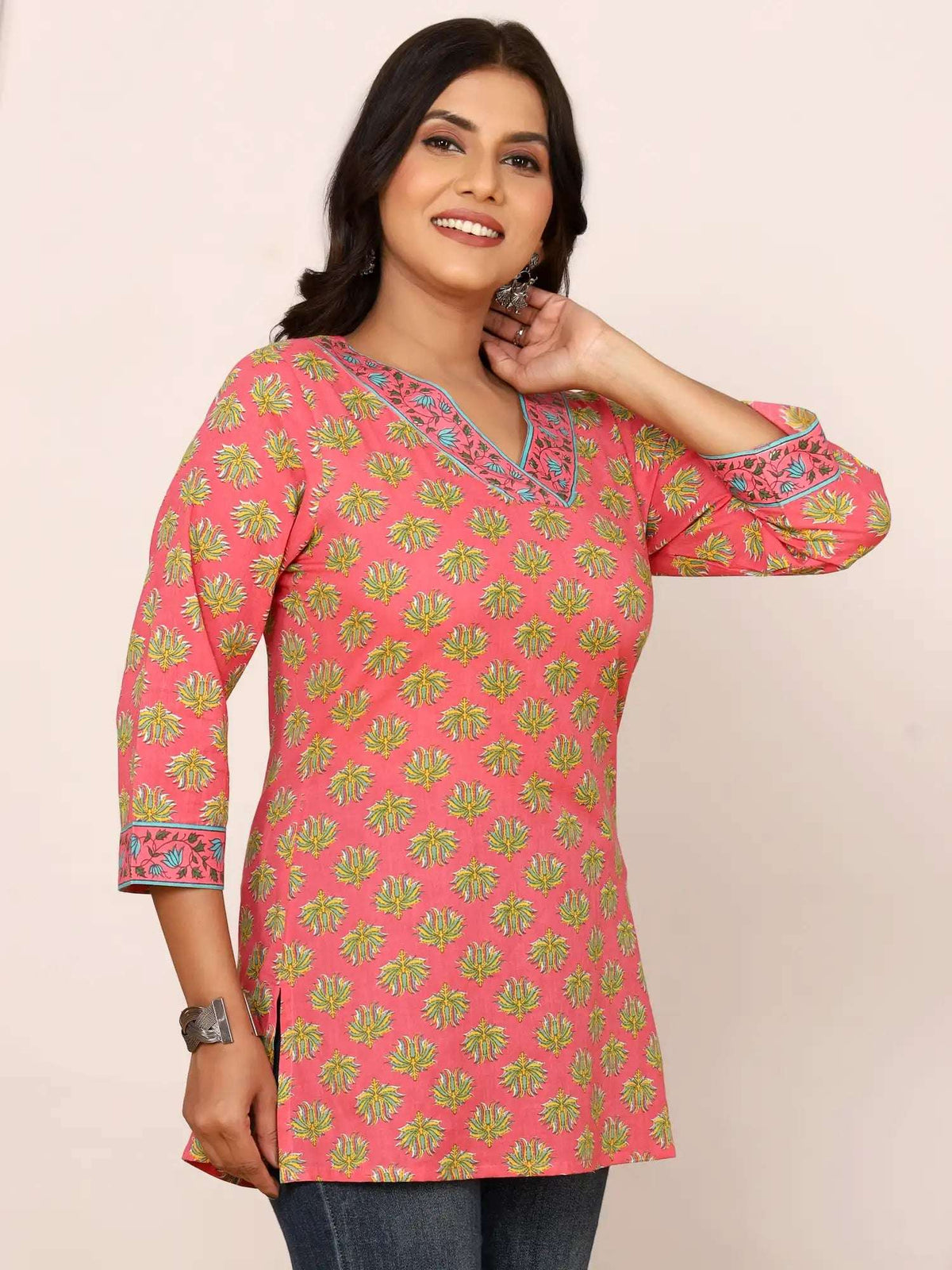 Sanganeri Pink & Yellow Flower Buti Cotton Top