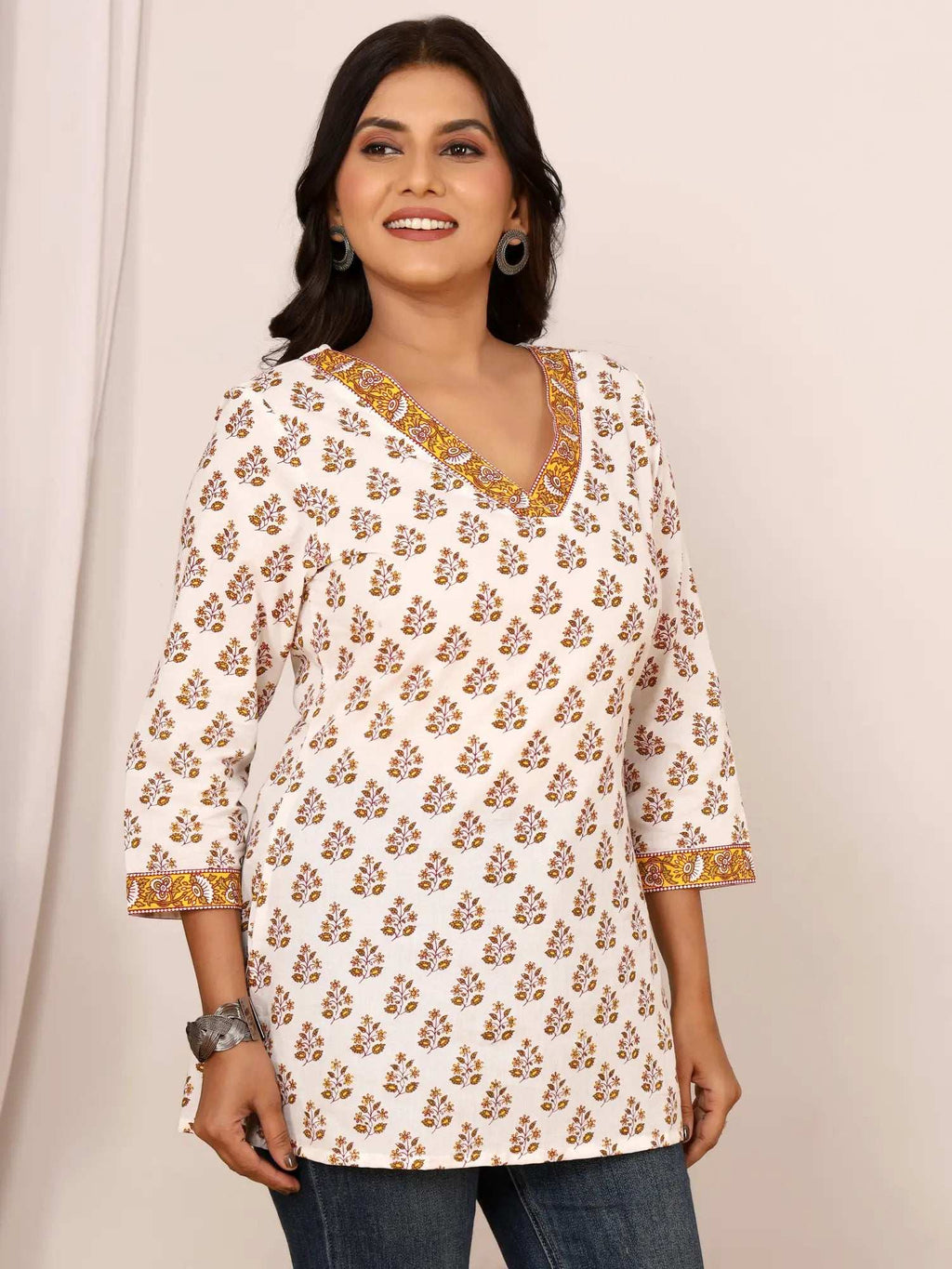 Sanganeri Mustard Floral Booti Print Cotton Top