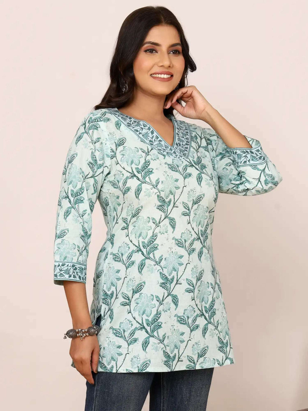 Sanganeri Pistachio Green Floral Cotton Top