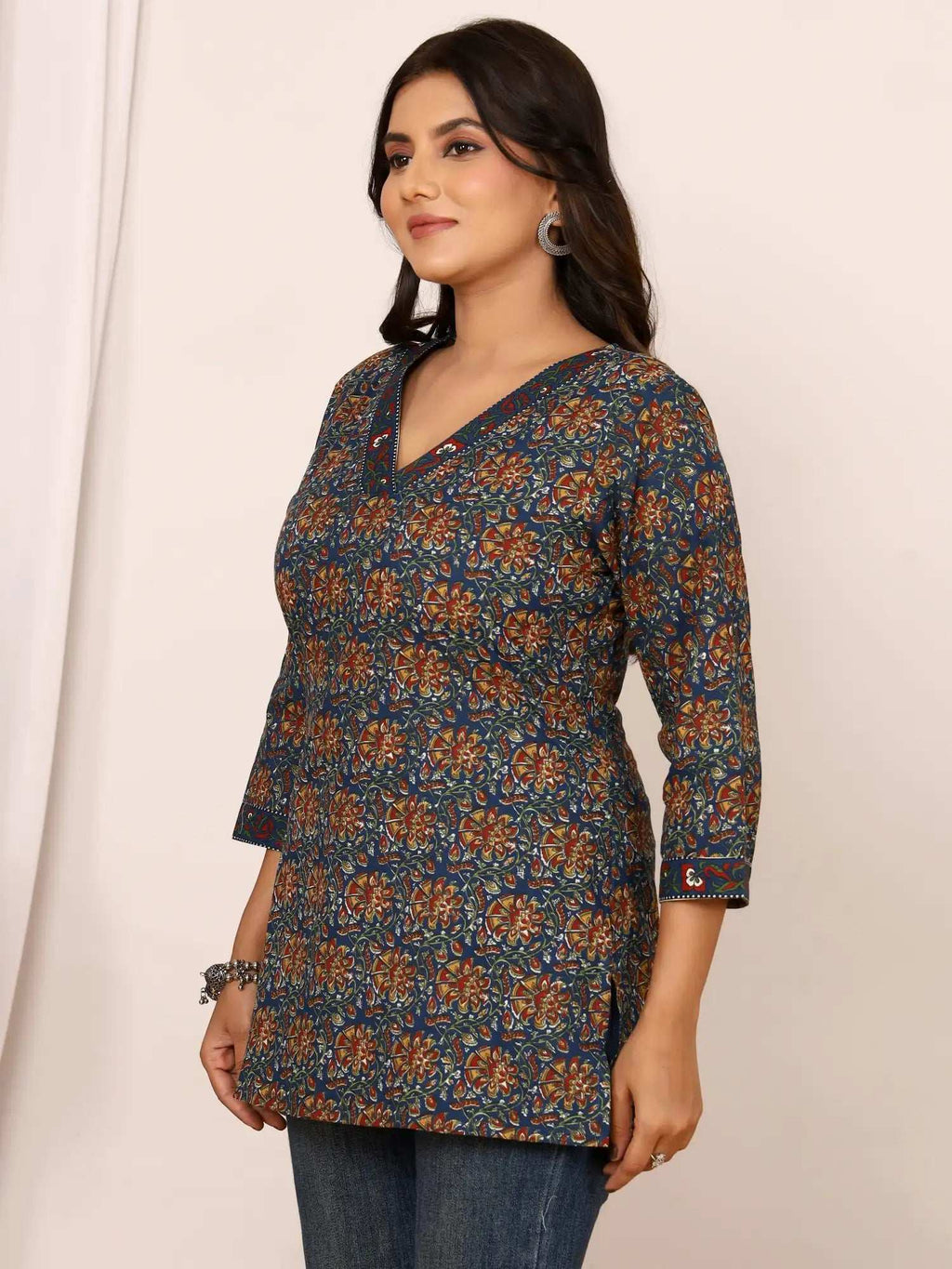 Sanganeri Navy Blue Kalamkari Print Cotton Top