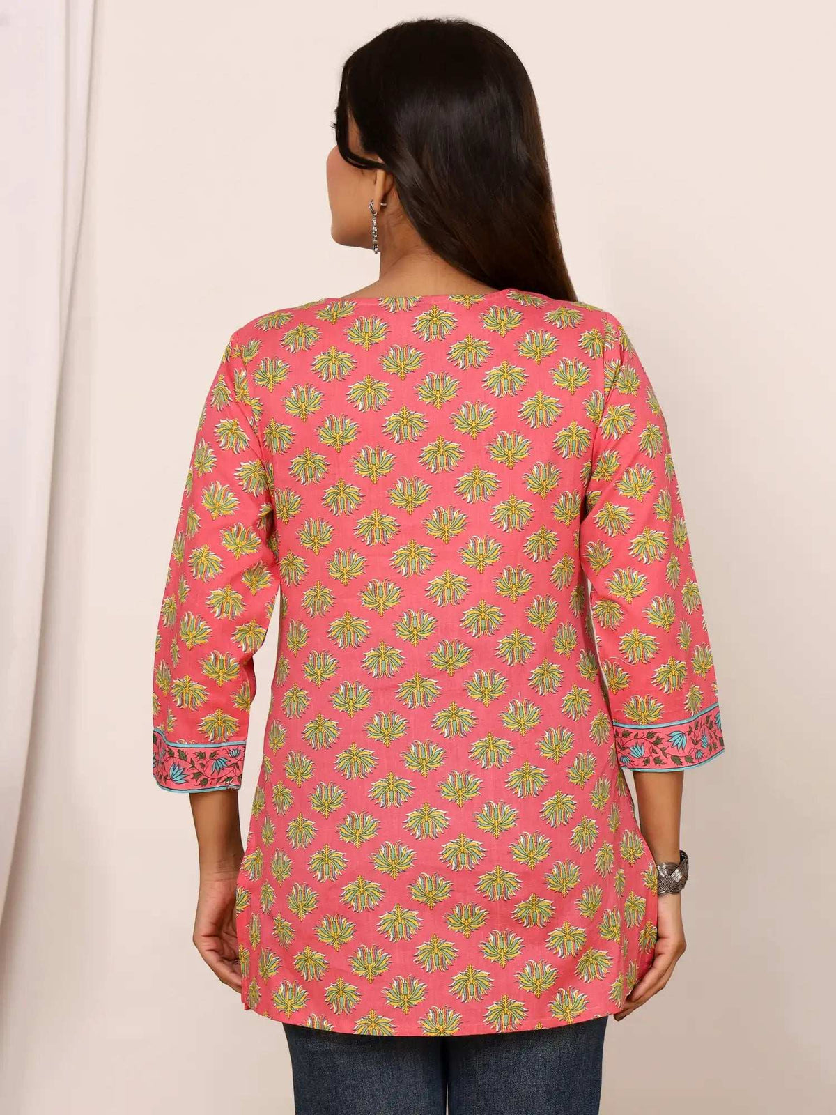 Sanganeri Pink & Yellow Flower Buti Cotton Top
