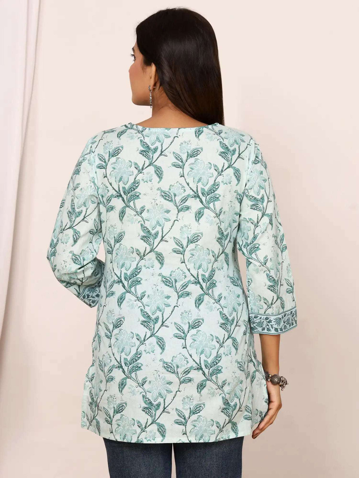 Sanganeri Pistachio Green Floral Cotton Top