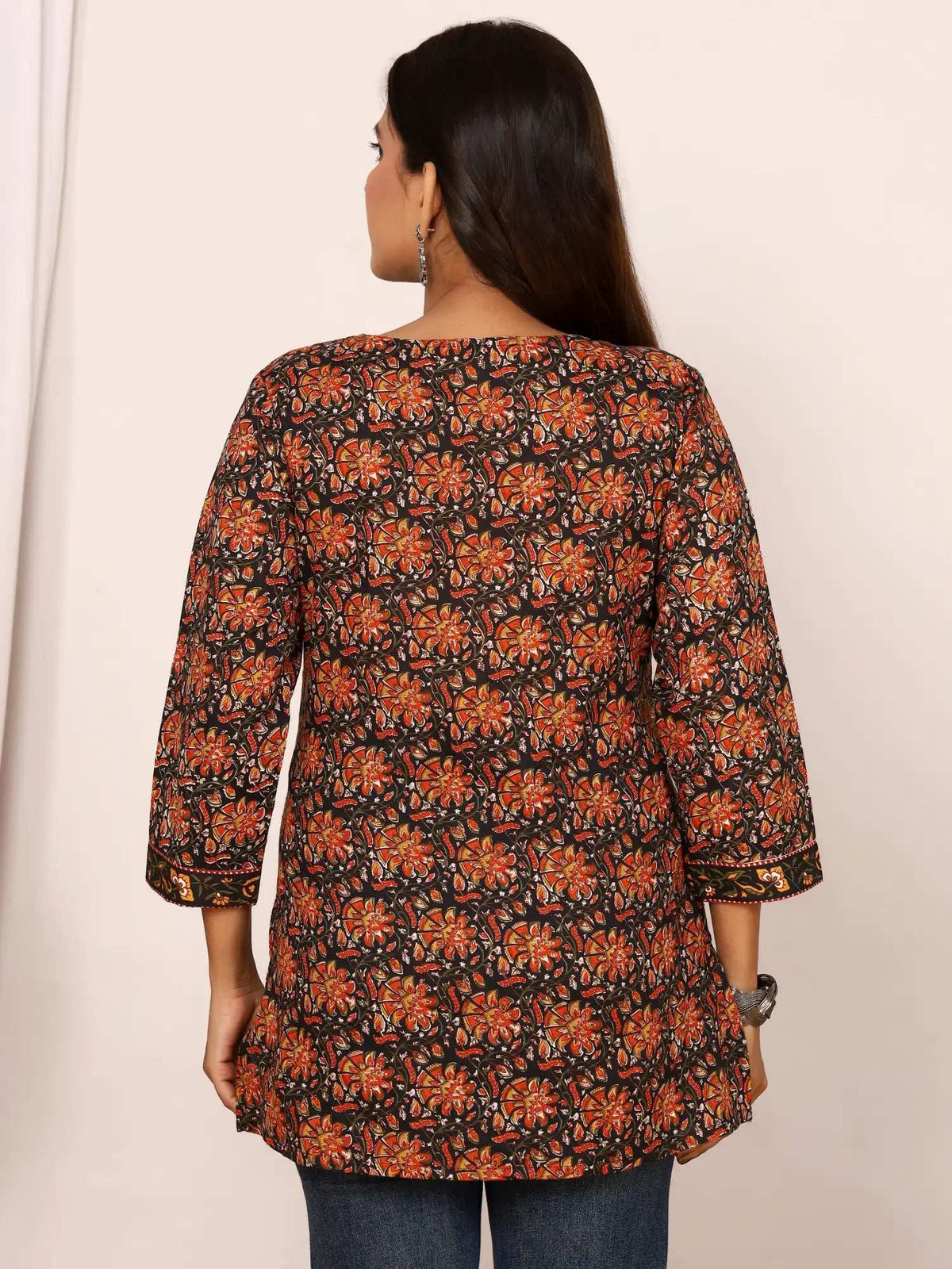 Sanganeri Black & Orange Marigold Buti Cotton Top
