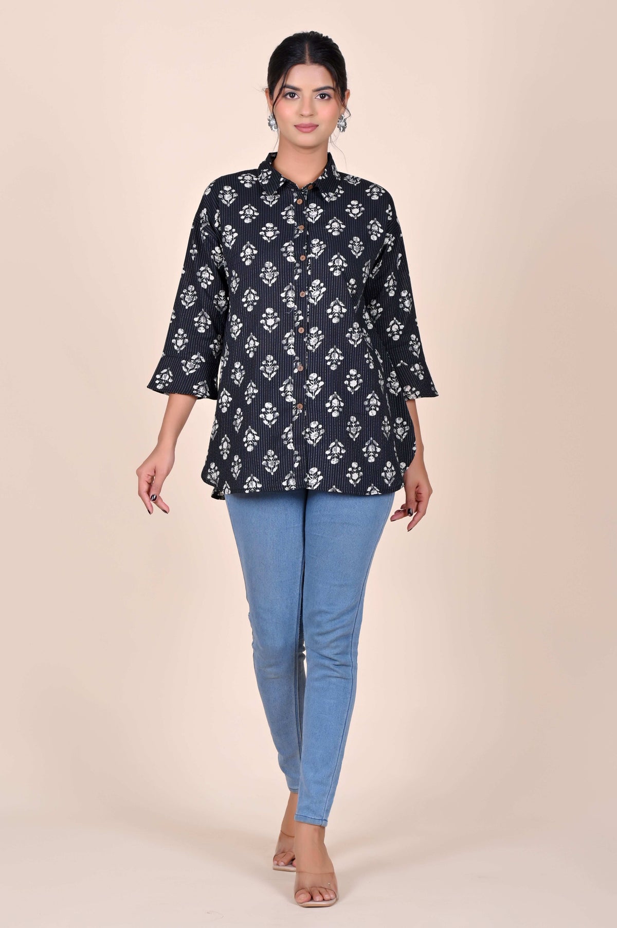Women's Katha Work Pure Cotton Shirt – Black & White Floral Buti Design