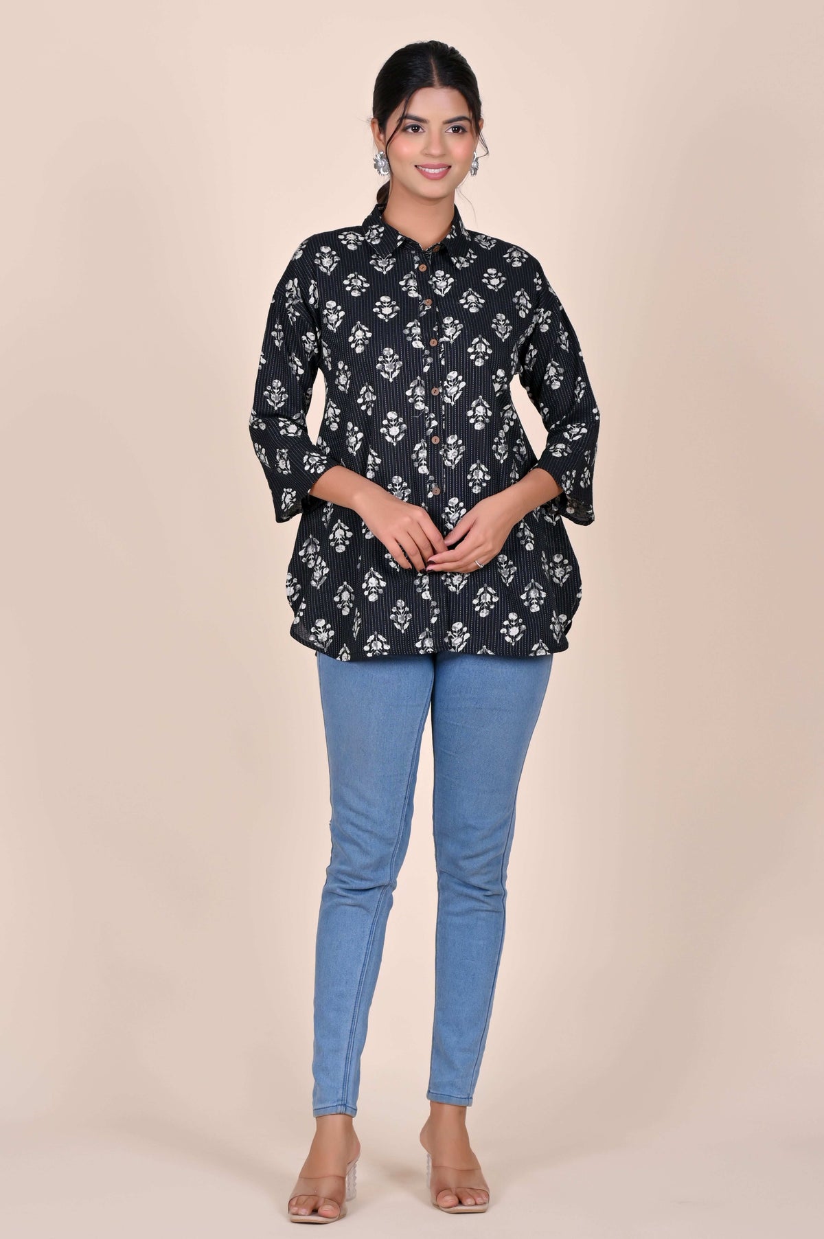 Women's Katha Work Pure Cotton Shirt – Black & White Floral Buti Design