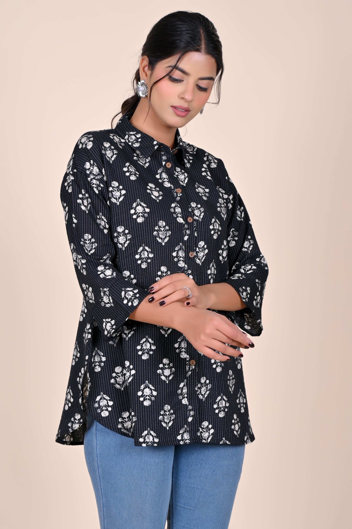 Women's Katha Work Pure Cotton Shirt – Black & White Floral Buti Design