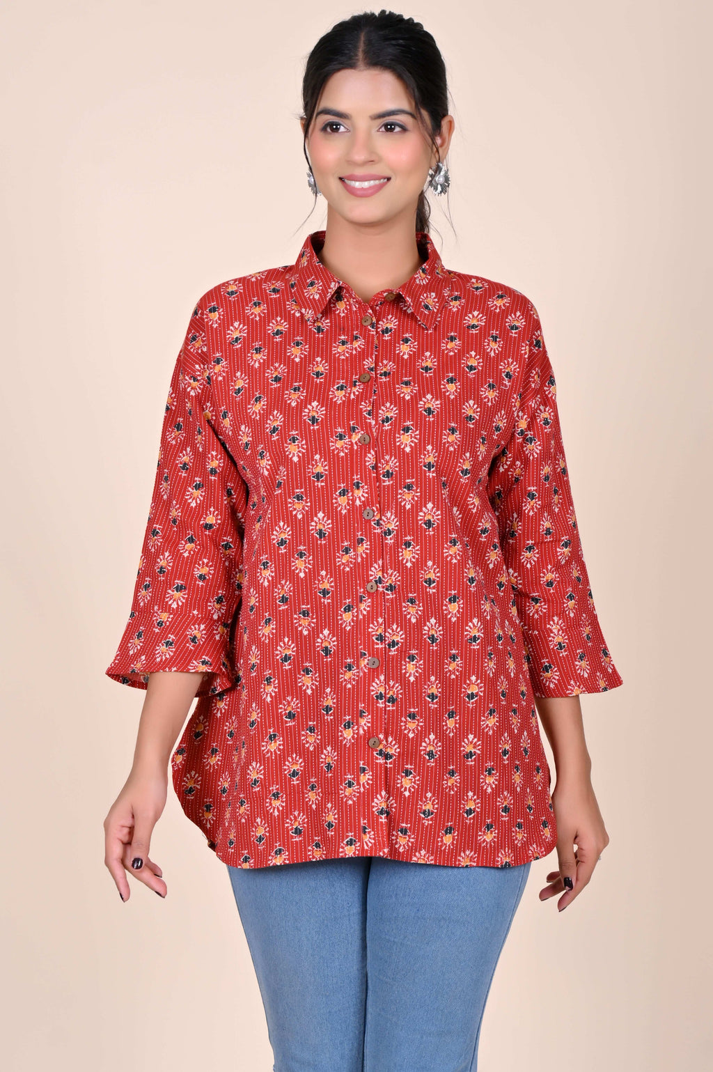 Women's Katha Work Pure Cotton Shirt – Red Floral Buti Design
