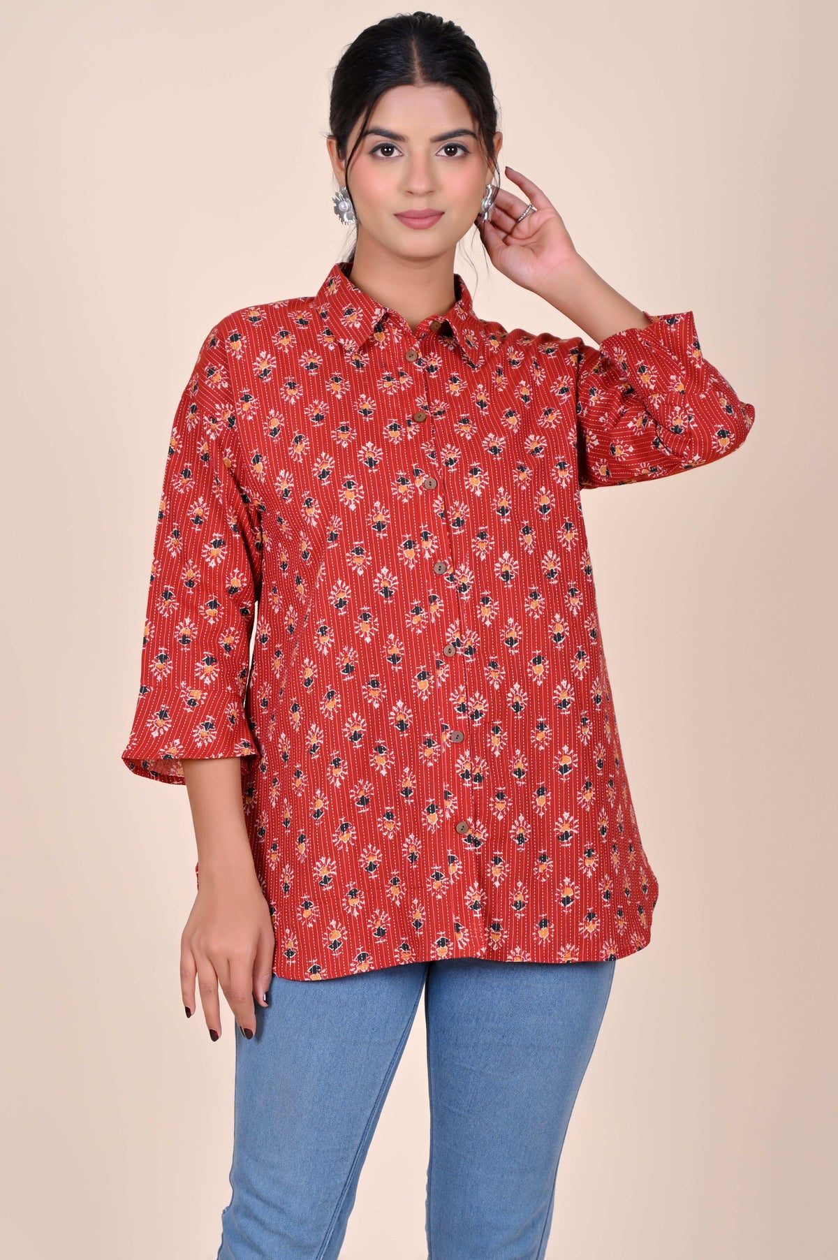 Women's Katha Work Pure Cotton Shirt – Red Floral Buti Design