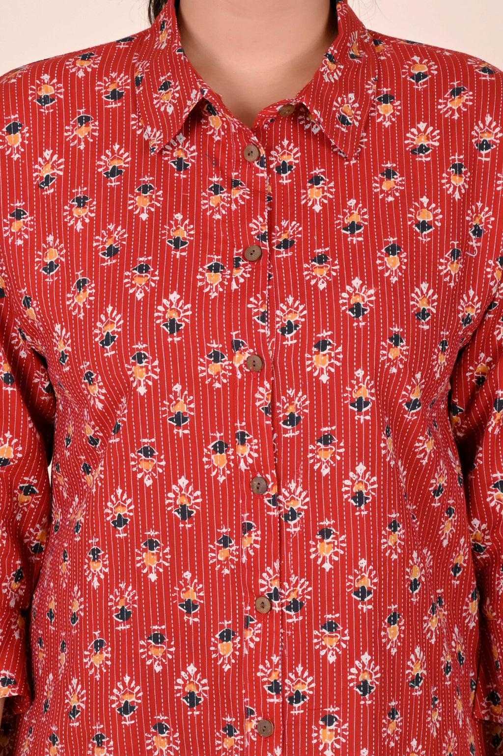 Women's Katha Work Pure Cotton Shirt – Red Floral Buti Design