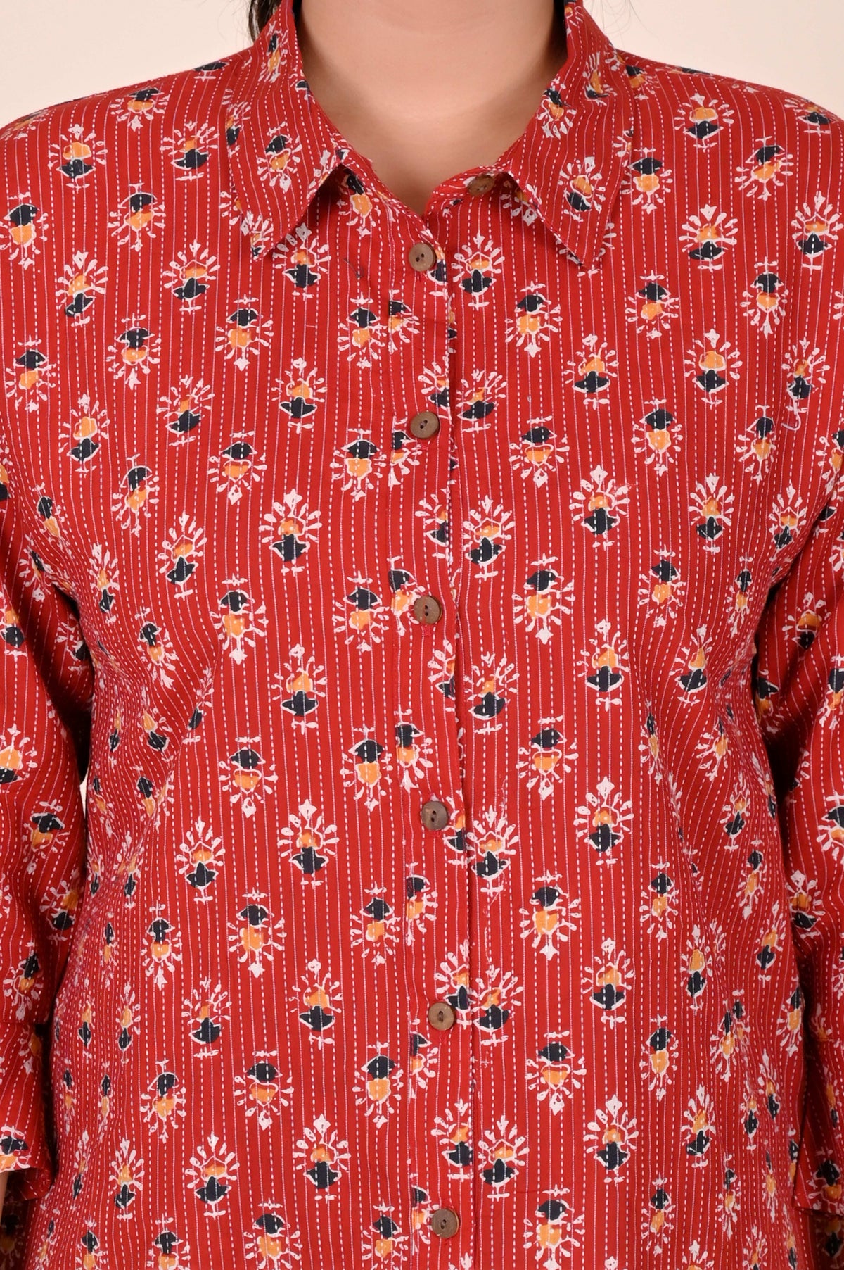Women's Katha Work Pure Cotton Shirt – Red Floral Buti Design