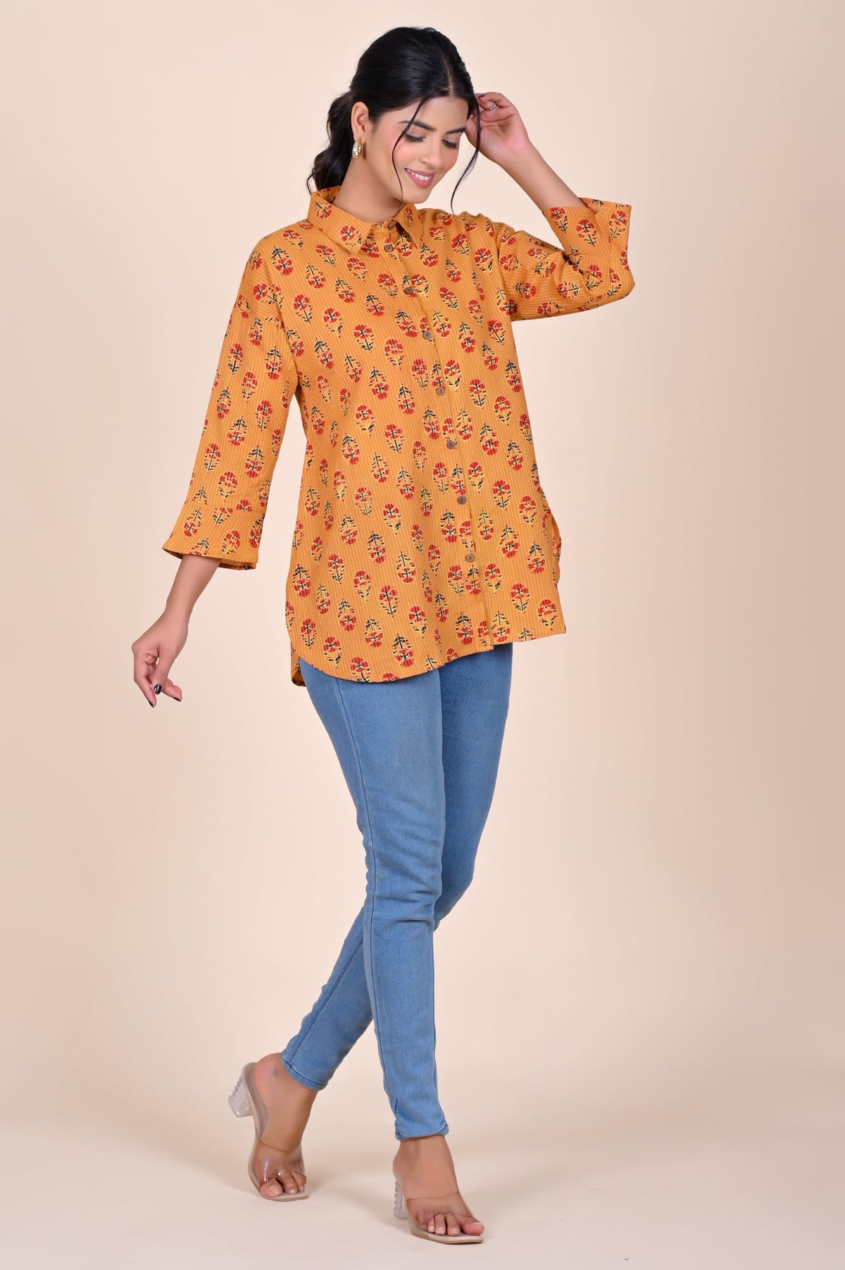 Women's Katha Work Pure Cotton Shirt – Mustard Floral Design