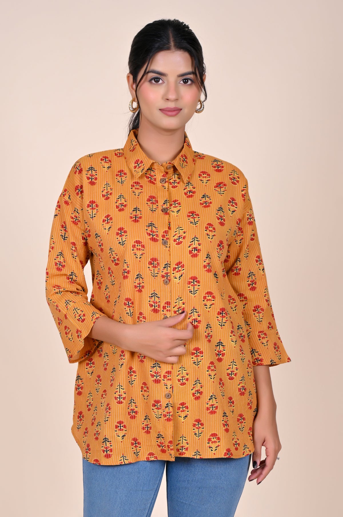 Women's Katha Work Pure Cotton Shirt – Mustard Floral Design