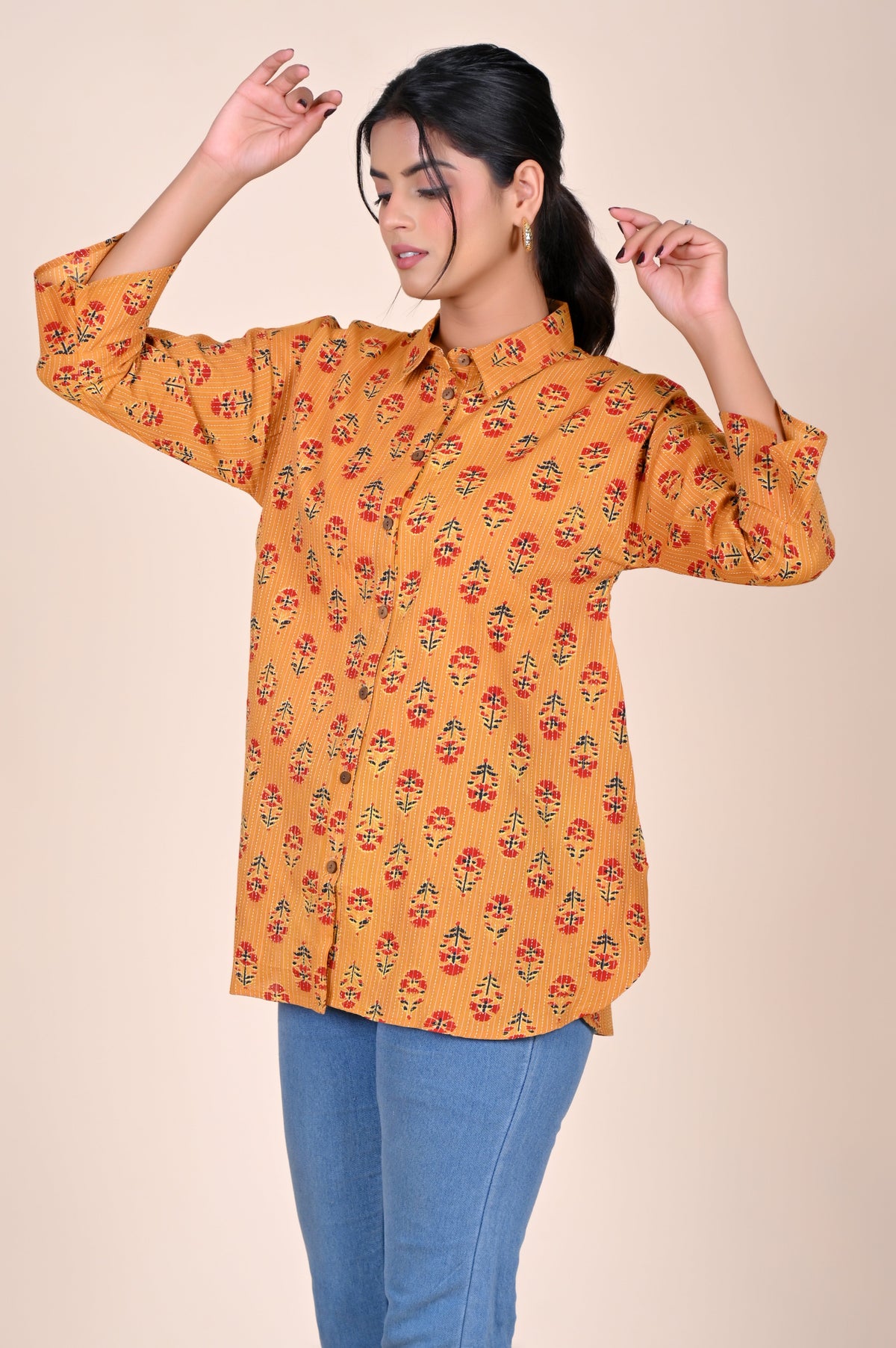 Women's Katha Work Pure Cotton Shirt – Mustard Floral Design