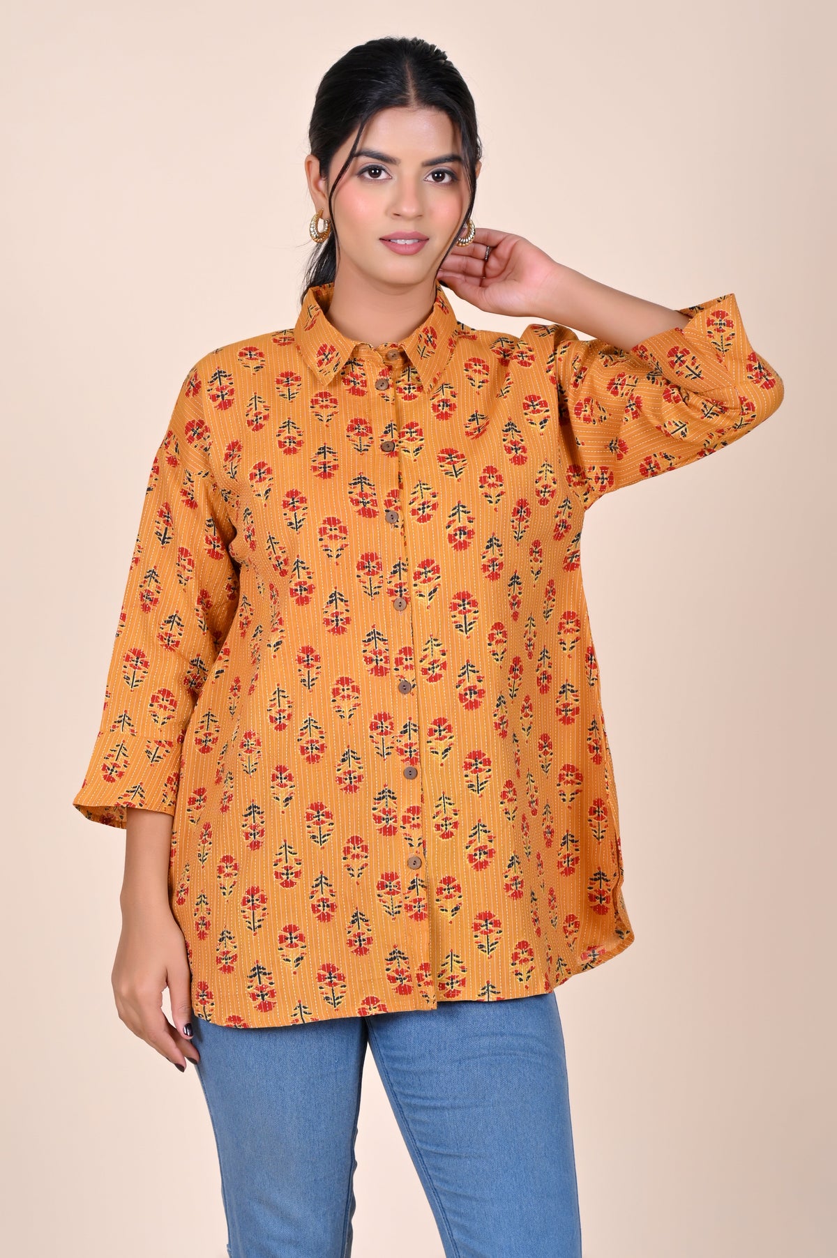 Women's Katha Work Pure Cotton Shirt – Mustard Floral Design