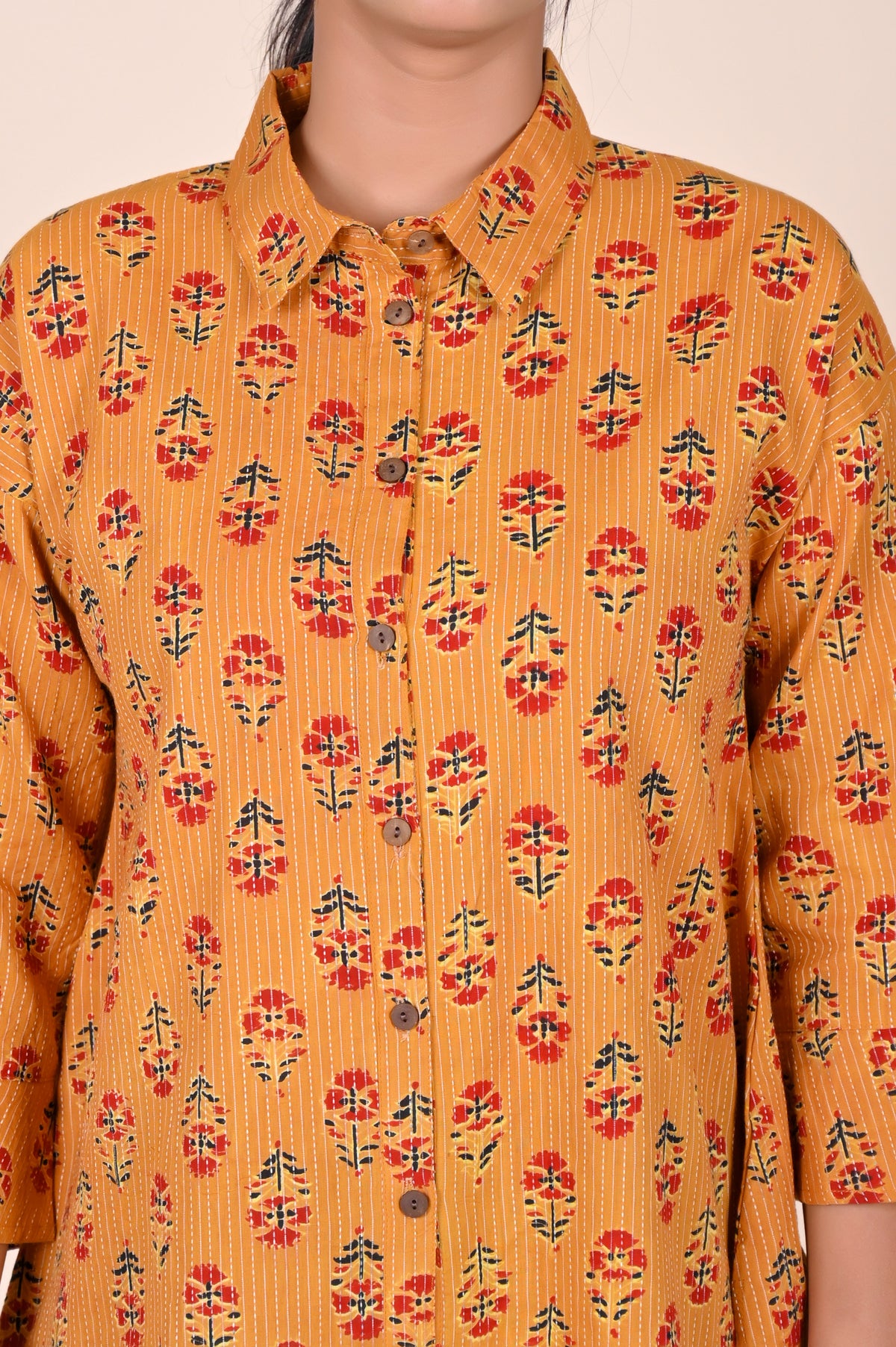 Women's Katha Work Pure Cotton Shirt – Mustard Floral Design