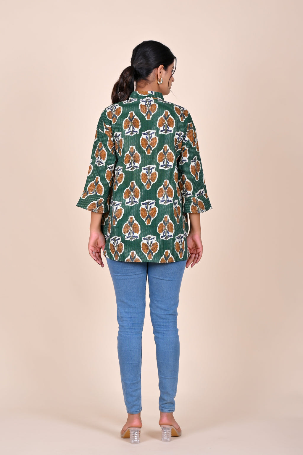 Women's Katha Work Pure Cotton Shirt – Green Floral Buti Design
