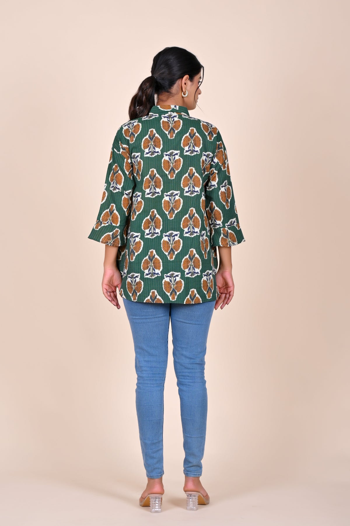 Women's Katha Work Pure Cotton Shirt – Green Floral Buti Design