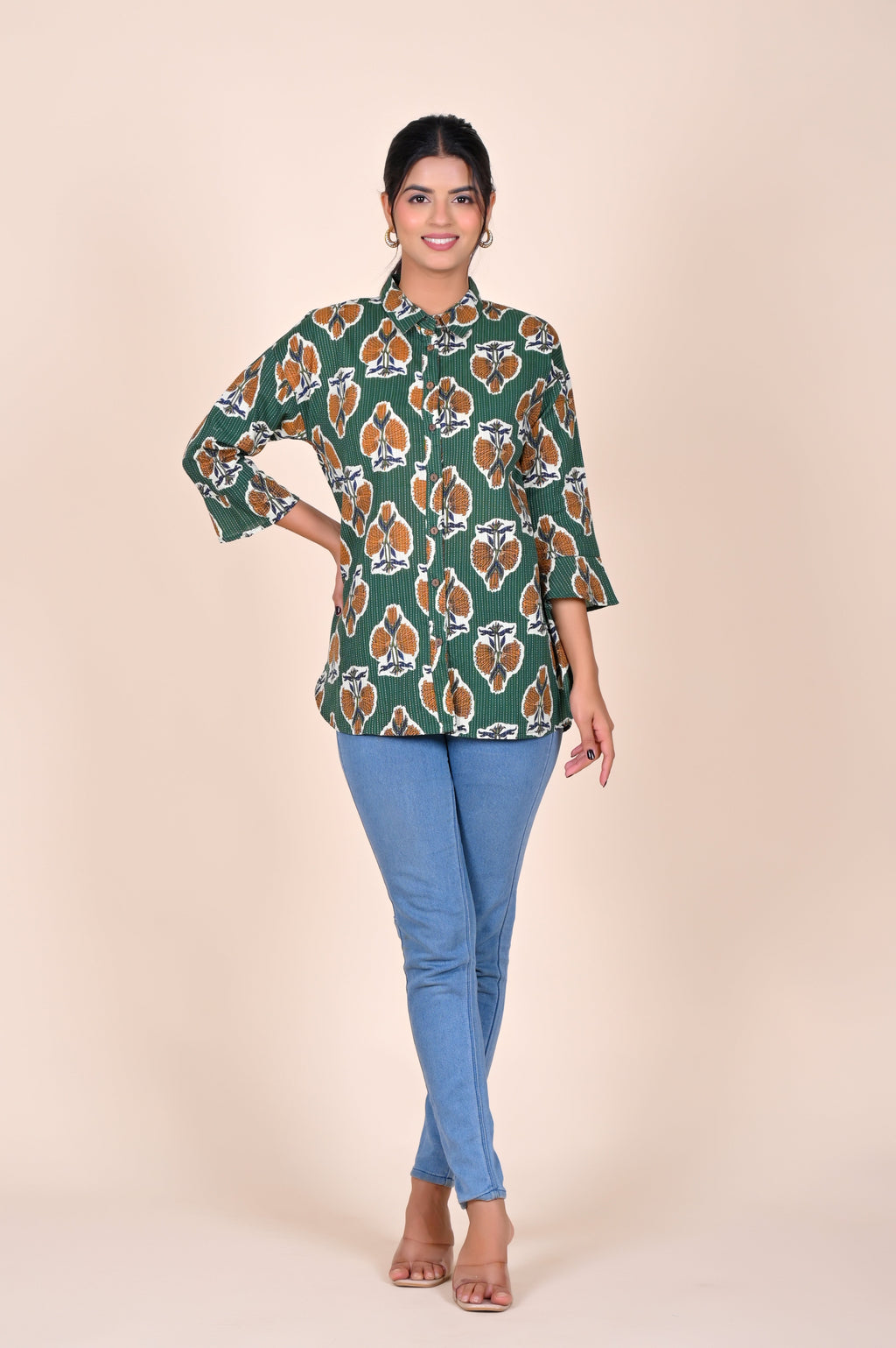 Women's Katha Work Pure Cotton Shirt – Green Floral Buti Design