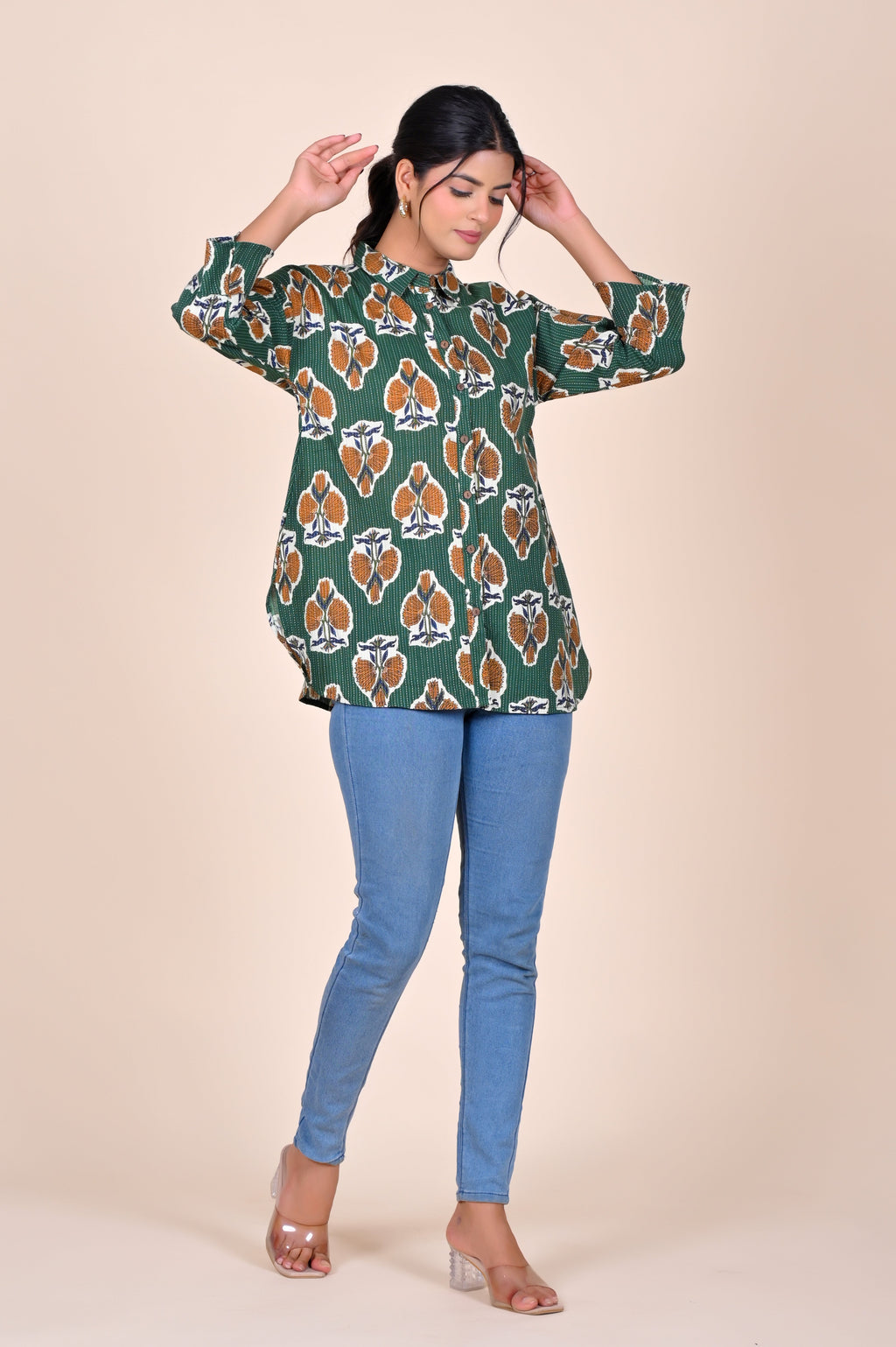 Women's Katha Work Pure Cotton Shirt – Green Floral Buti Design