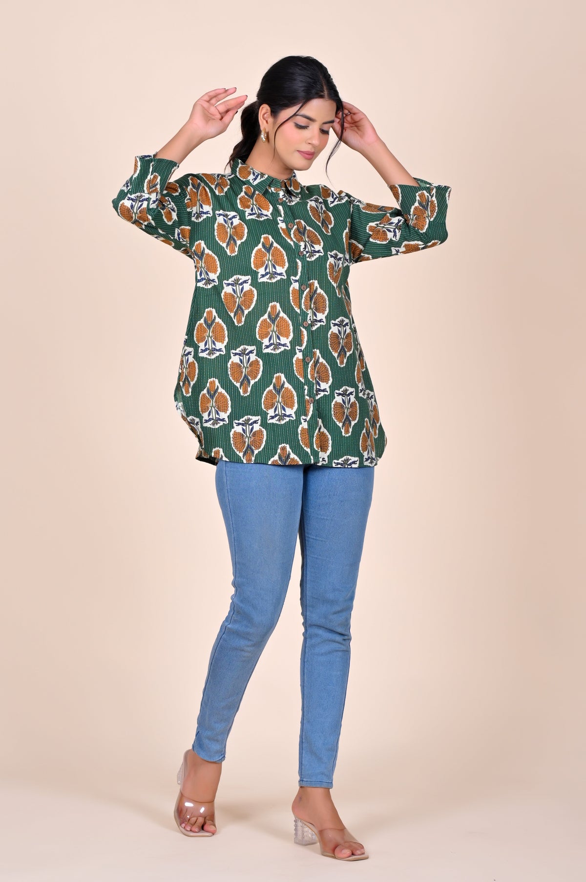 Women's Katha Work Pure Cotton Shirt – Green Floral Buti Design