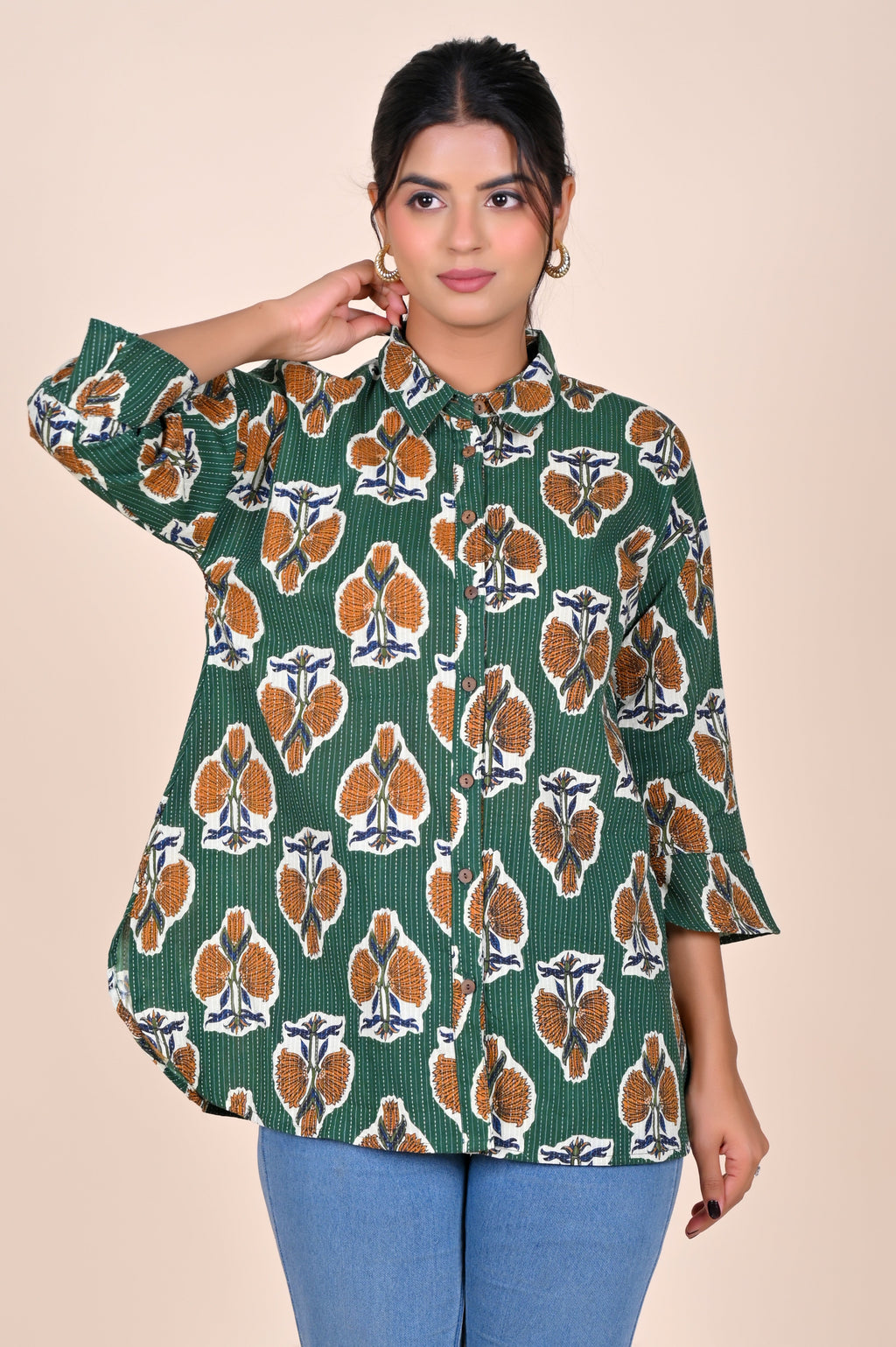 Women's Katha Work Pure Cotton Shirt – Green Floral Buti Design