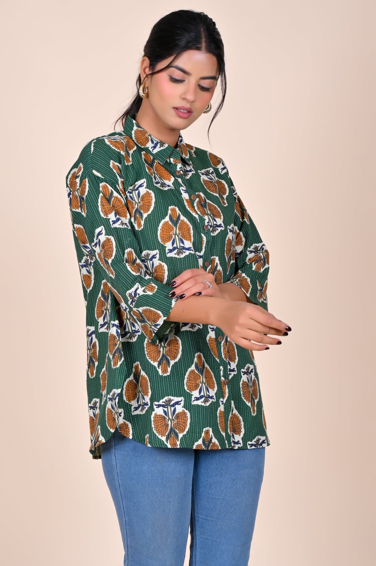 Women's Katha Work Pure Cotton Shirt – Green Floral Buti Design