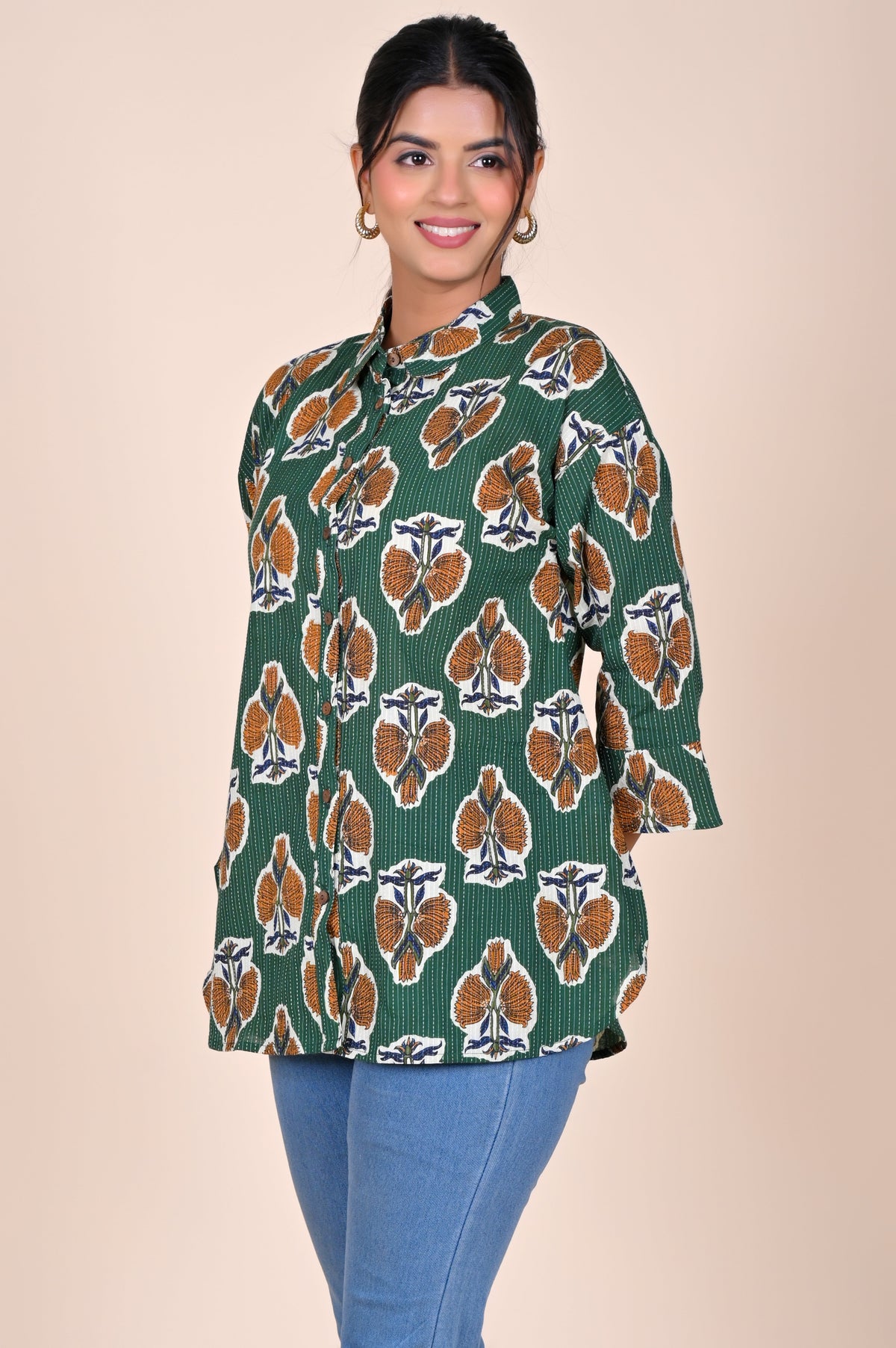 Women's Katha Work Pure Cotton Shirt – Green Floral Buti Design