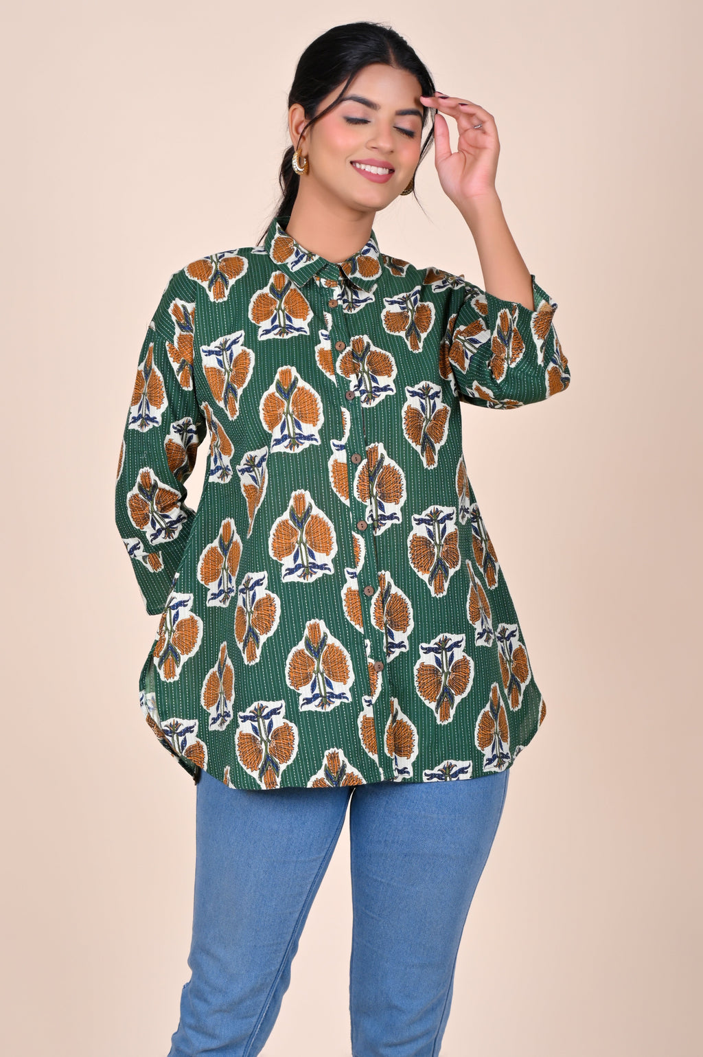 Women's Katha Work Pure Cotton Shirt – Green Floral Buti Design