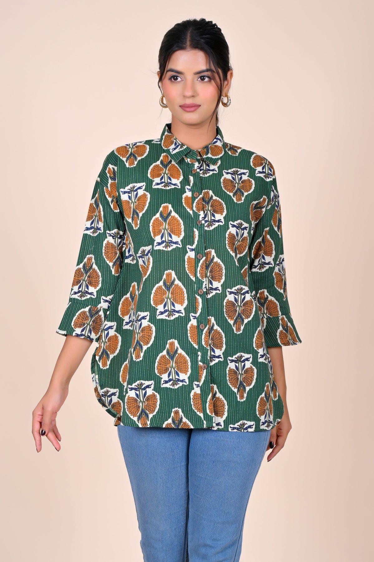 Women's Katha Work Pure Cotton Shirt – Green Floral Buti Design