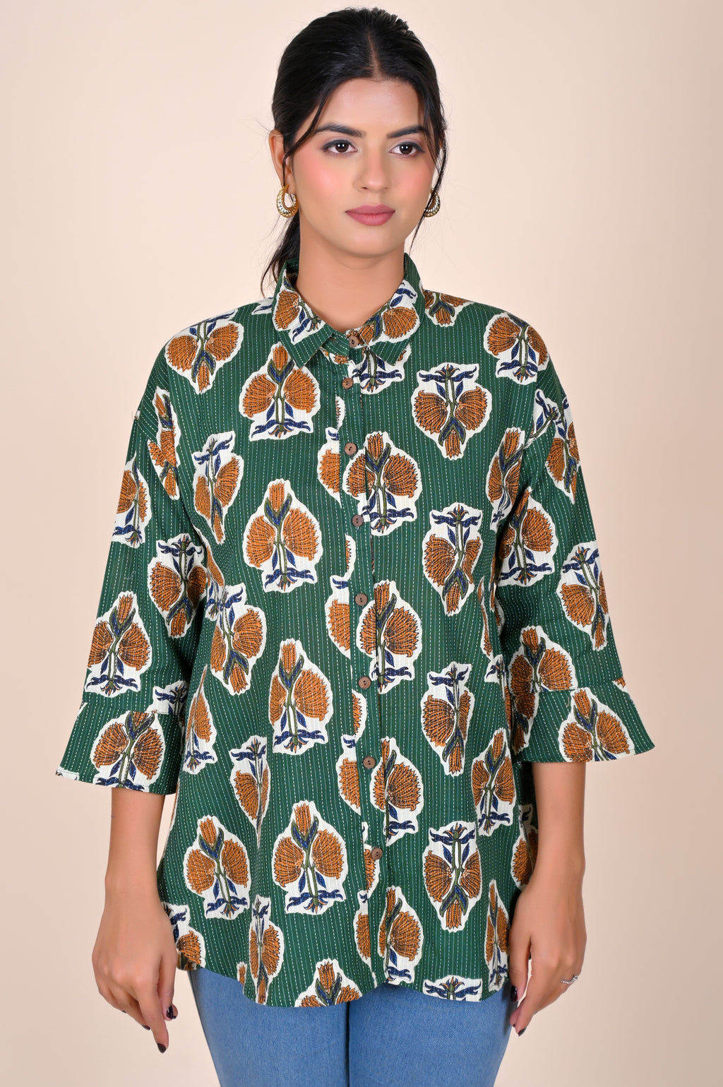 Women's Katha Work Pure Cotton Shirt – Green Floral Buti Design
