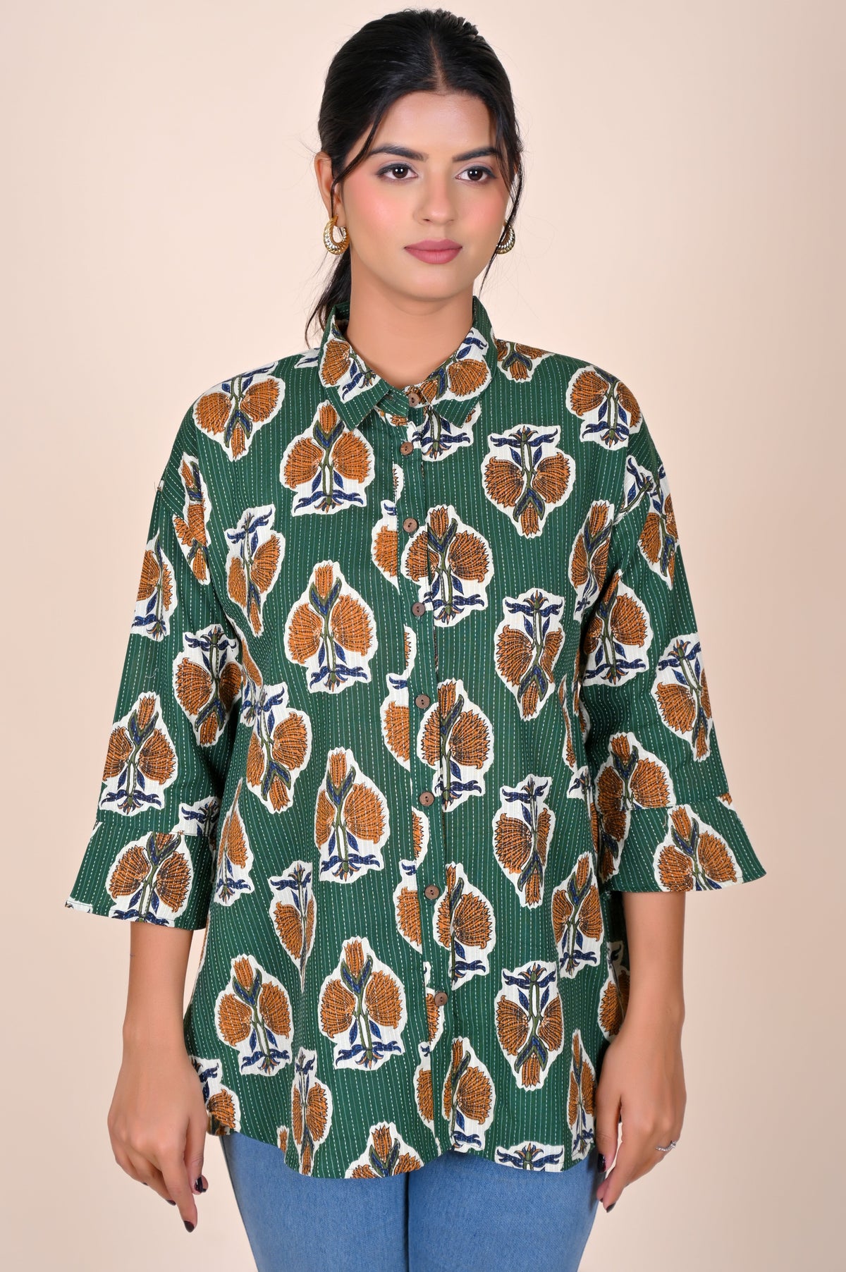 Women's Katha Work Pure Cotton Shirt – Green Floral Buti Design