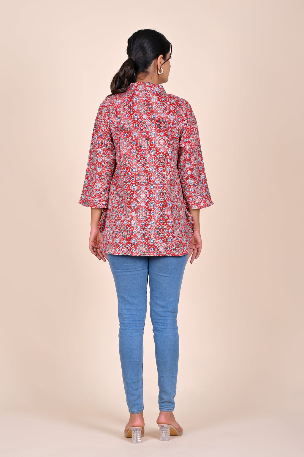Women's Katha Work Pure Cotton Shirt – Red Ajrakh Buti Design