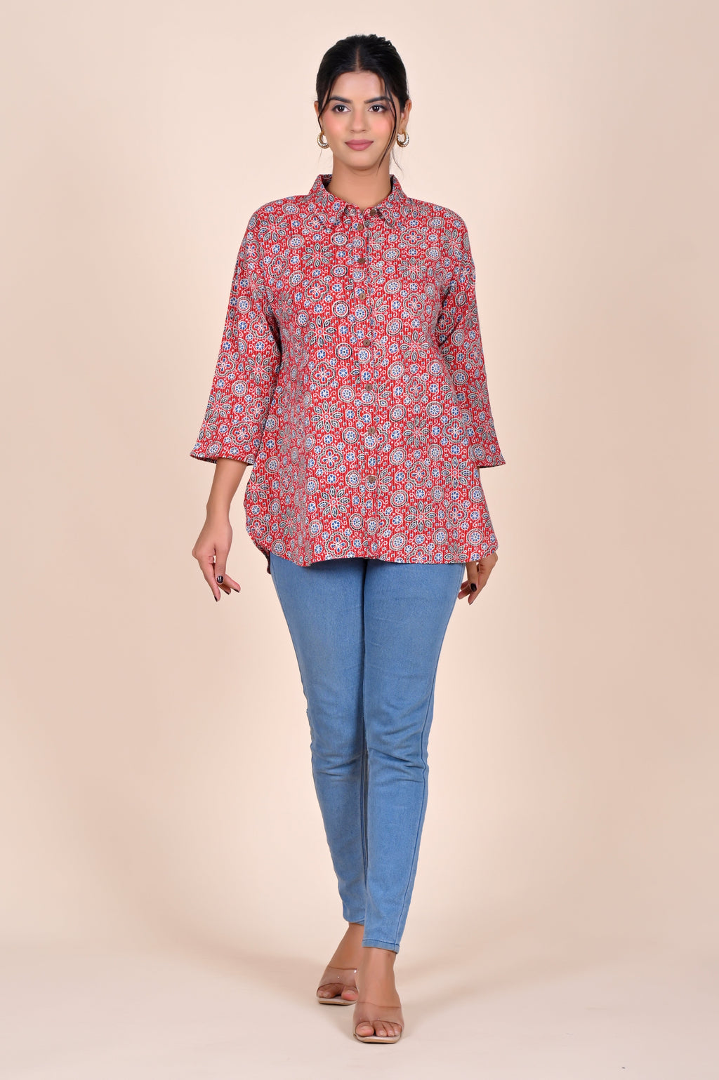 Women's Katha Work Pure Cotton Shirt – Red Ajrakh Buti Design