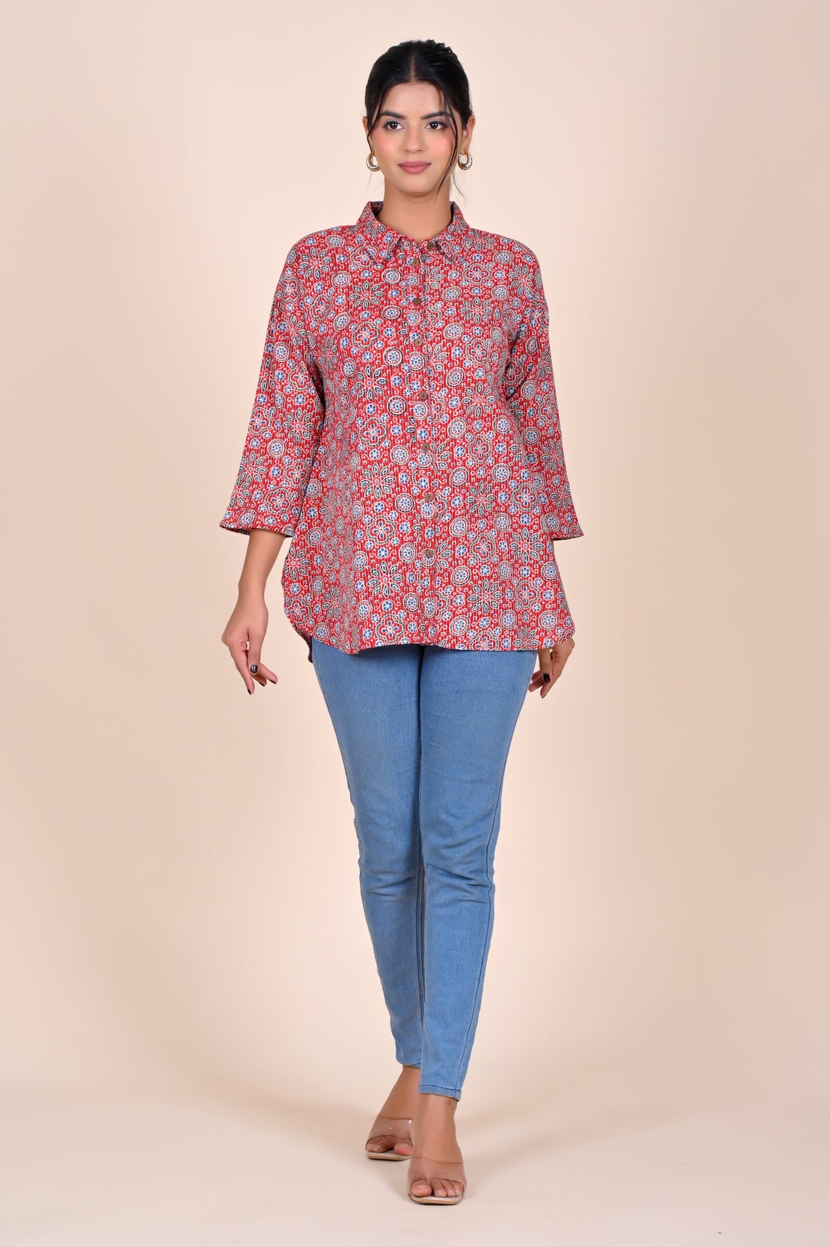 Women's Katha Work Pure Cotton Shirt – Red Ajrakh Buti Design