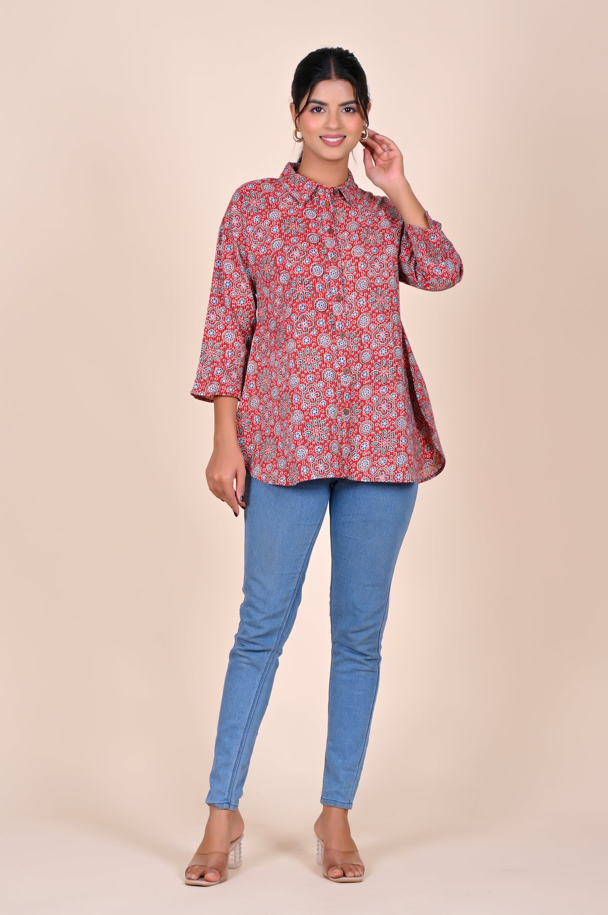Women's Katha Work Pure Cotton Shirt – Red Ajrakh Buti Design