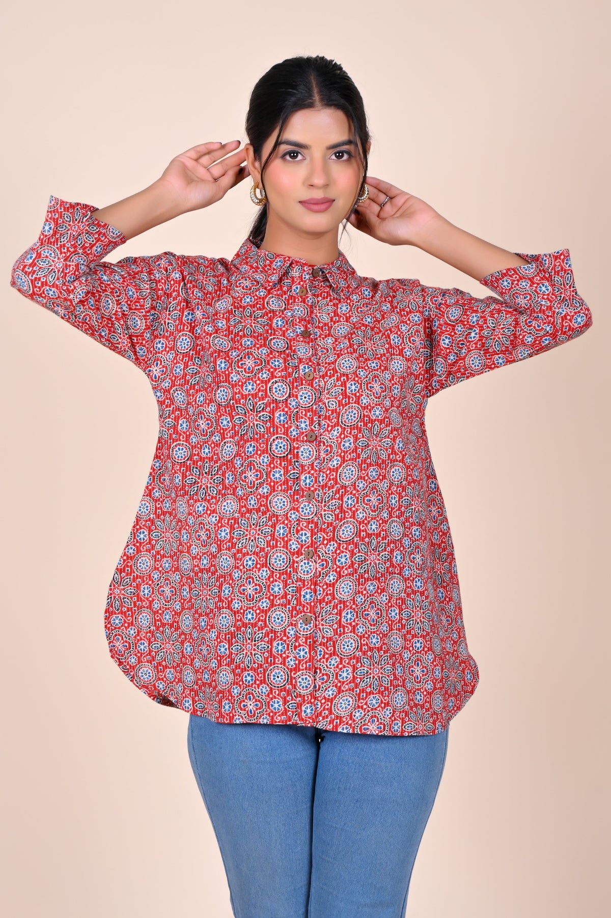 Women's Katha Work Pure Cotton Shirt – Red Ajrakh Buti Design