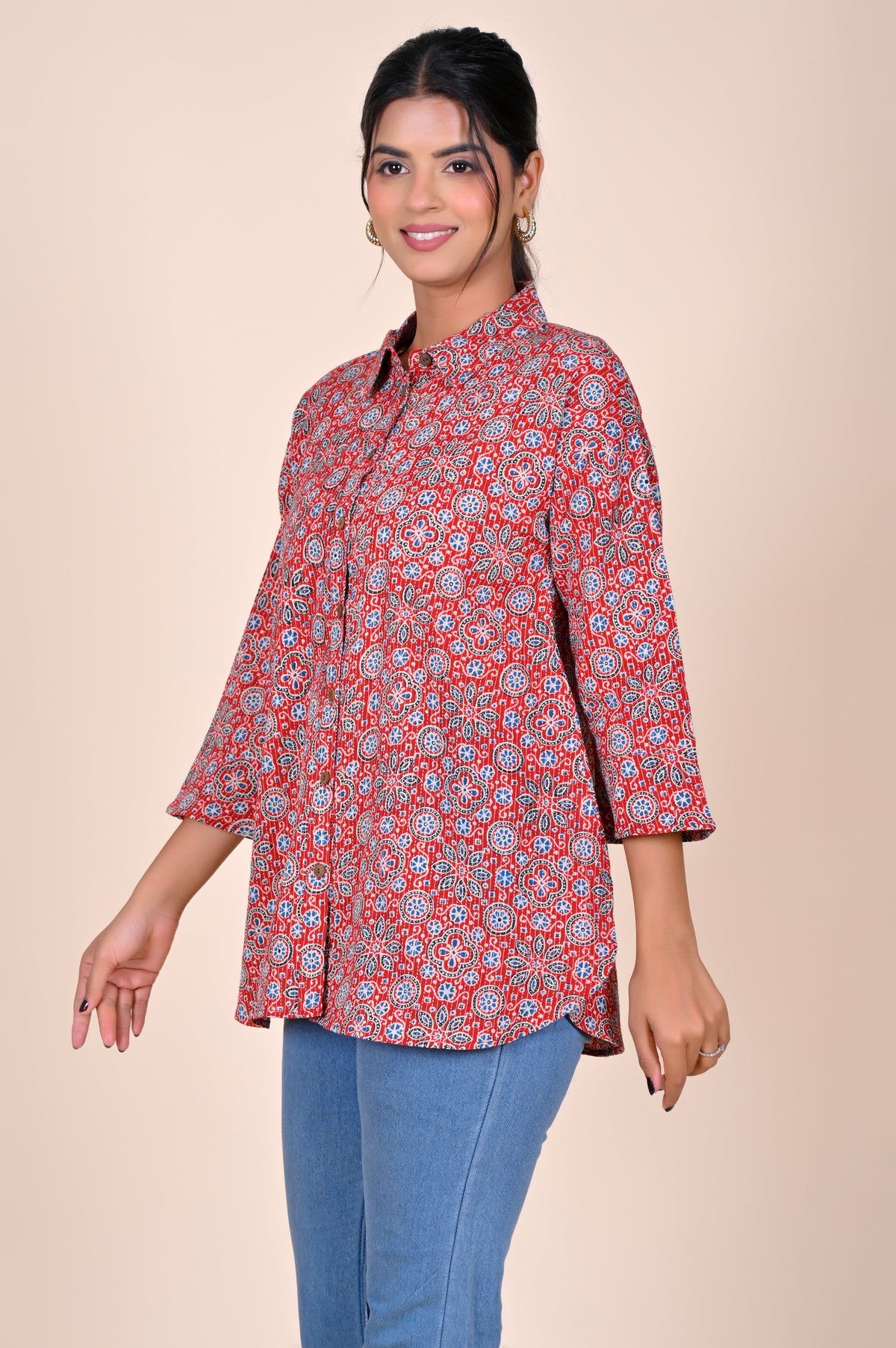 Women's Katha Work Pure Cotton Shirt – Red Ajrakh Buti Design