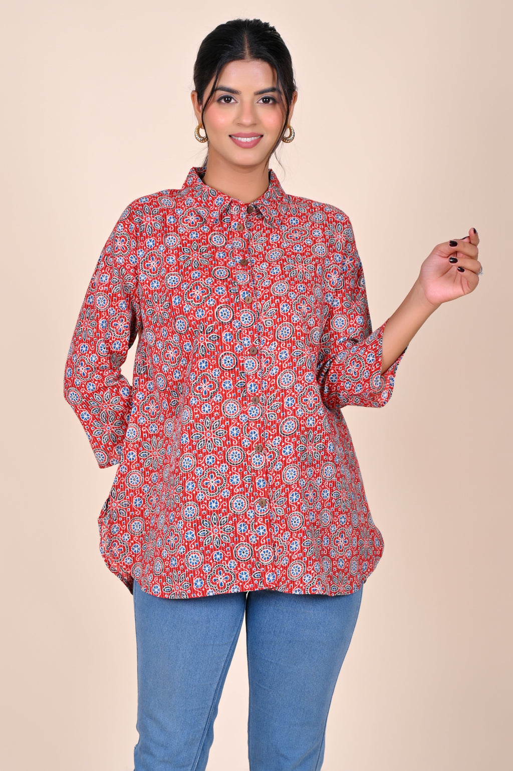 Women's Katha Work Pure Cotton Shirt – Red Ajrakh Buti Design