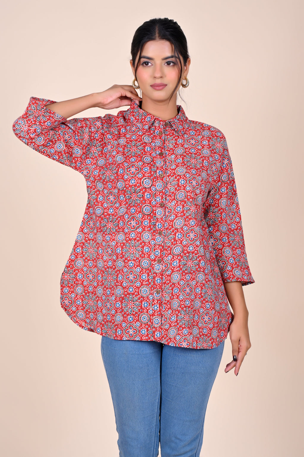 Women's Katha Work Pure Cotton Shirt – Red Ajrakh Buti Design